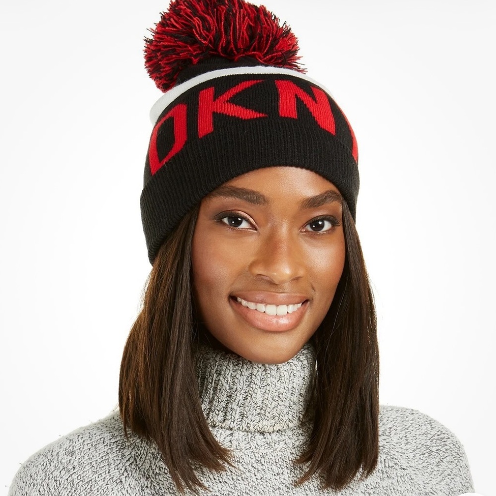 DKNY Logo‎ Stadium Beanie With PomPom Red/black Hat NWT